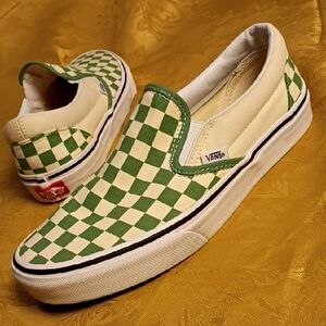 Vans Cream and Green Checkered Slip-Ons Women's 9.0 Men's 7.5